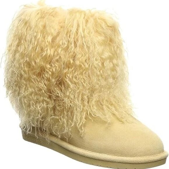 Bearpaw Boo Beige Shearling Wool Line Curly Lamb Fur Mongolian Sherpa Boots 7 - Picture 1 of 8